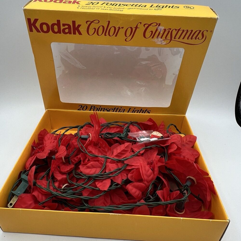 Vintage Red Kodak Poinsettia 20 Count Christmas String Lights Silk Flowers